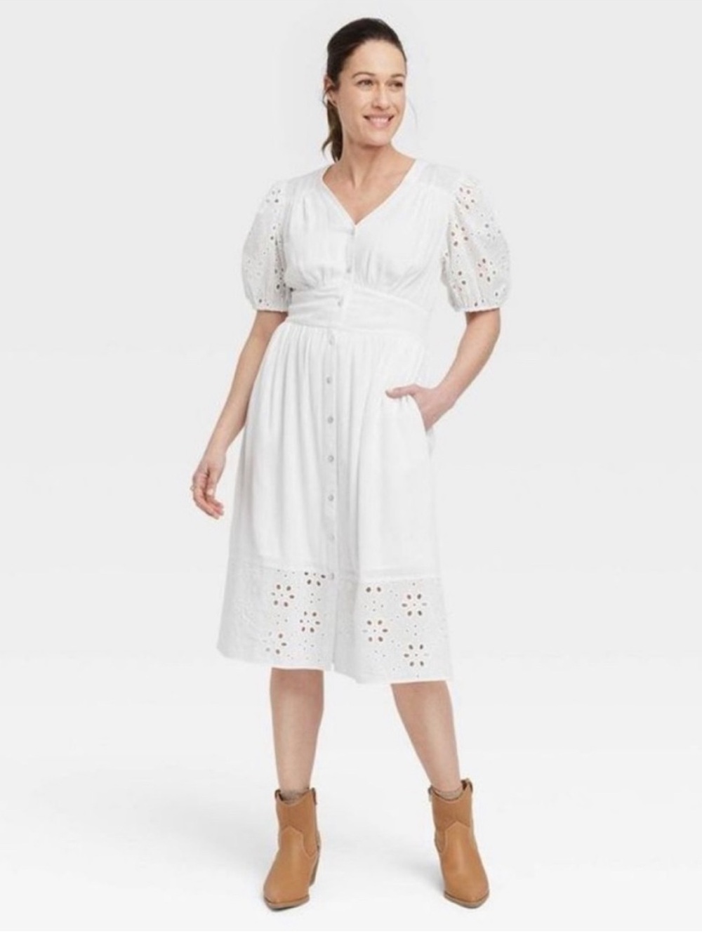 Knox Rose White Eyelet Button-Front Midi Dress with Puff Sleeves pockets size XL
